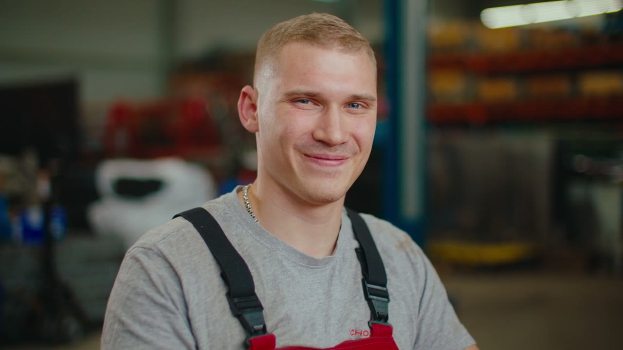 Szene aus dem Regionalfilm Chemnitz: ein junger Mann in Arbeitslatzhose lächelt in einer Werkhalle