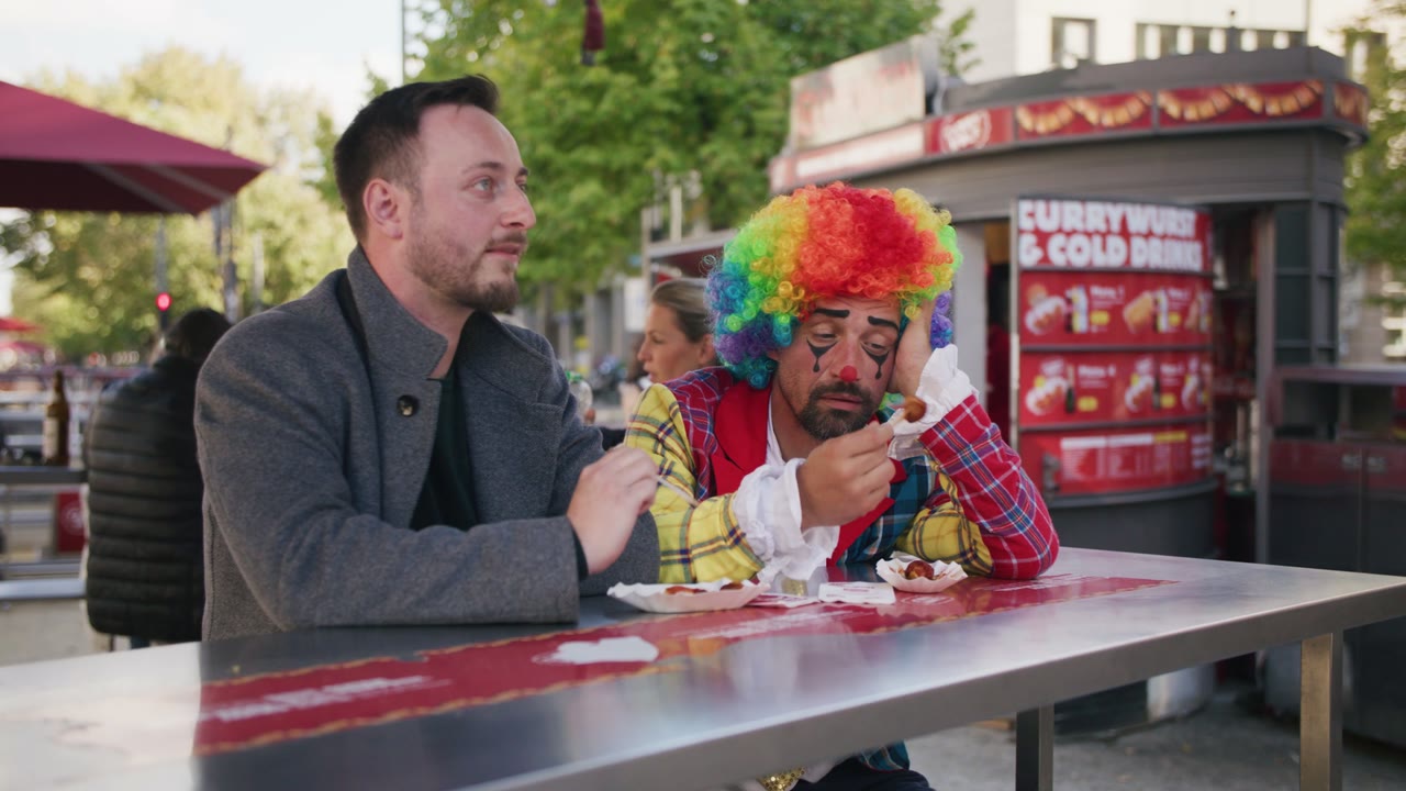 Ein Mann mit bunter Clownsperücke sitzt an einem Currywurst-Stand, Szene aus dem Präventionsfilm der Polizei Berlin