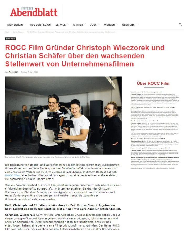 Berliner Abendblatt über ROCC Film und den wachsenden Stellenwert von Unternehmensfilmen