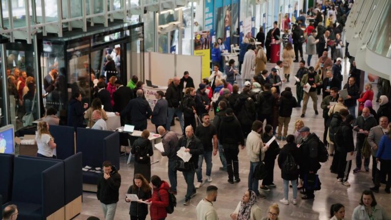 Overhead view of the bustling event hall