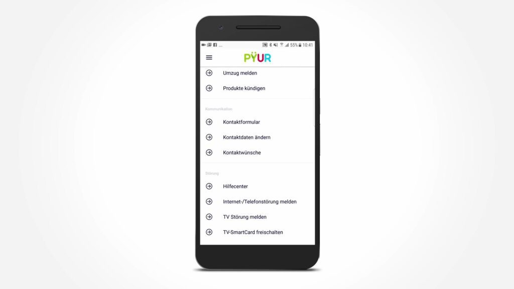 Die App meinPŸUR mit Hilfecenter und Störungsmeldung auf einem Smartphone.