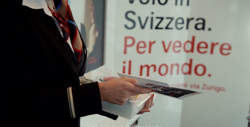 A SWISS flight attendant hands out surprises on a Milan tram—a promotional video by ROCC Film