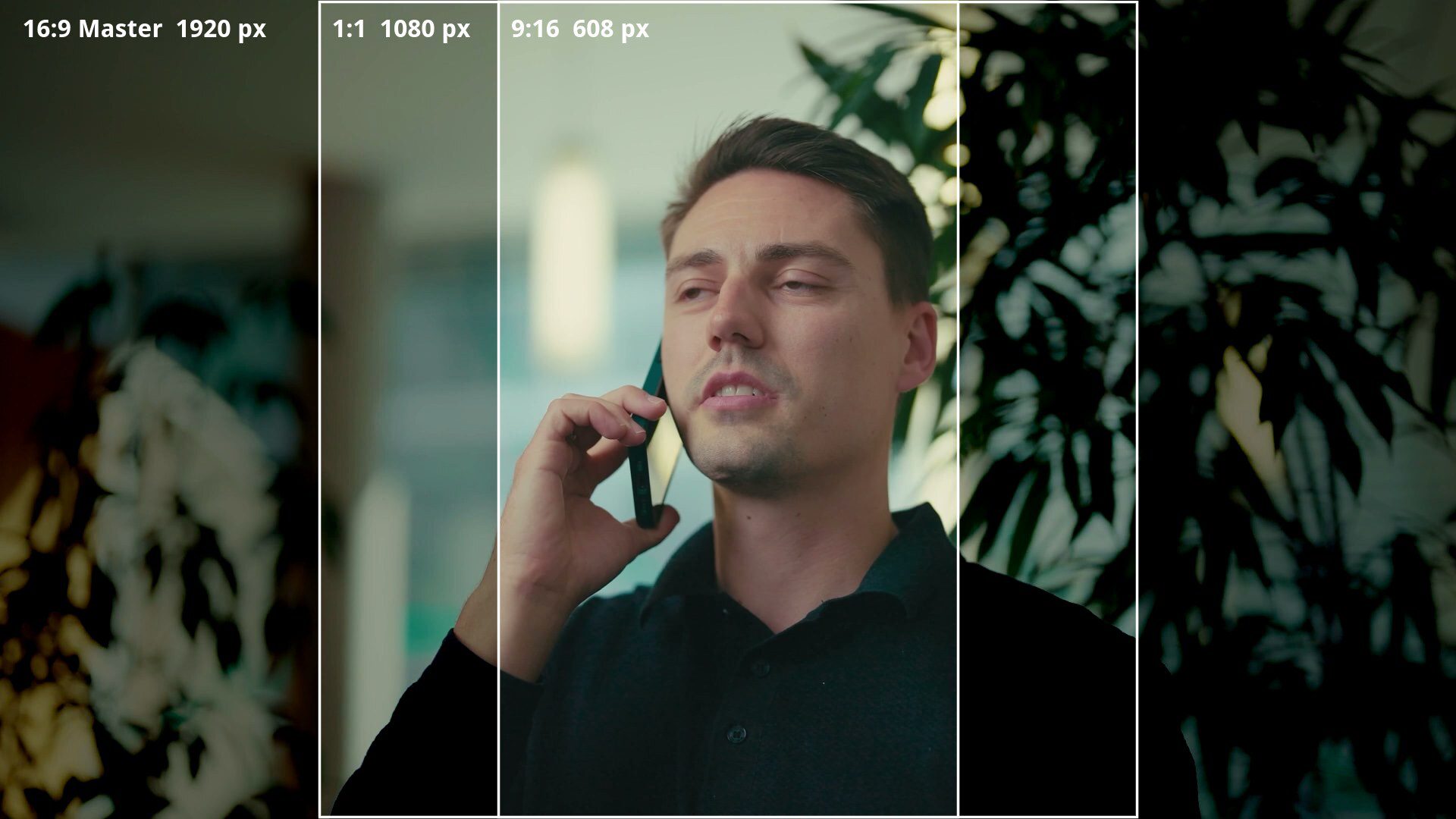 A 16:9 film frame with 1:1 and 9:16 crop marks: what the vertical crop cuts out of the frame